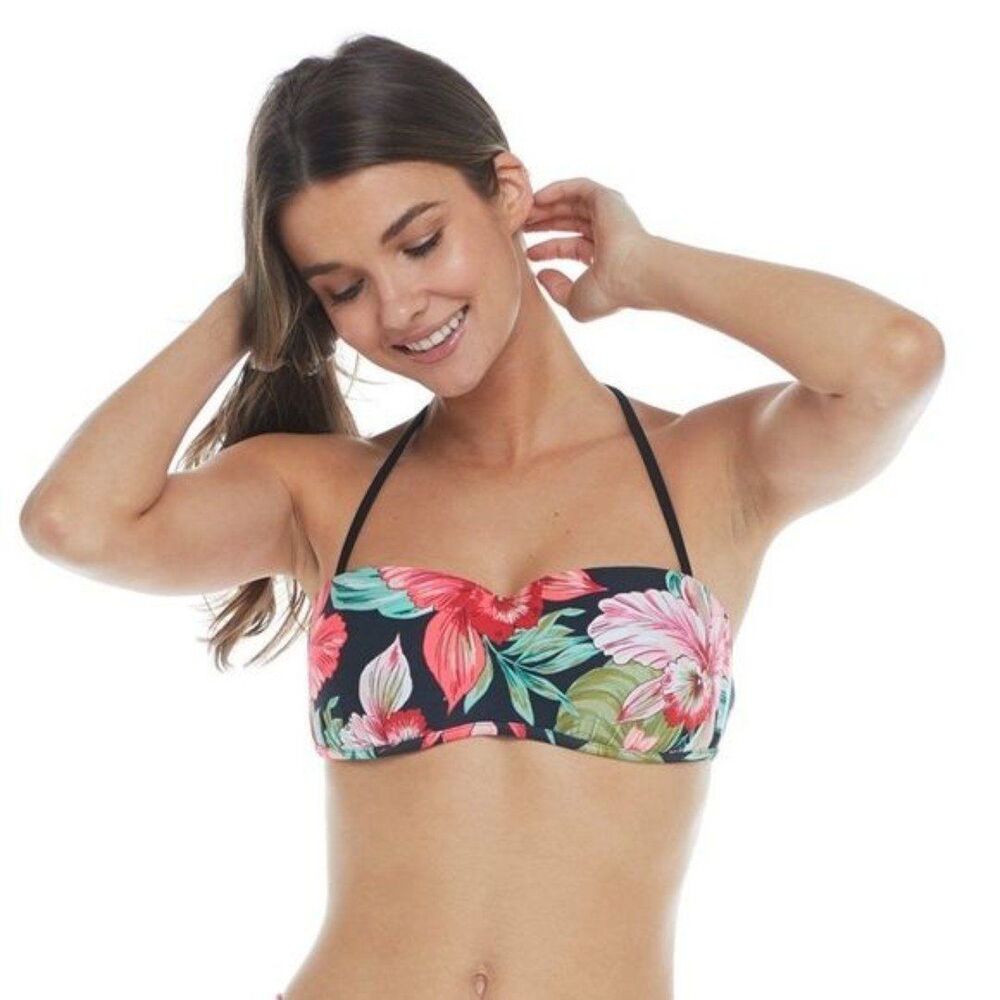 Body Glove Isla Foca Crystal Bandeau Black Floral Strapless Bikini Top X Small